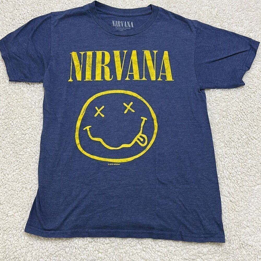 Nirvana Unisex T-Shirt Yellow Smiley Blue Size Medium